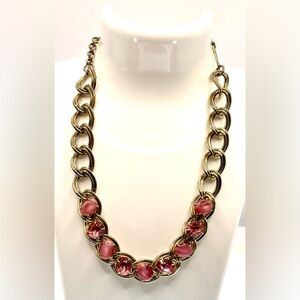 Vintage SilverTone Double Linked Chain Necklace Choker Pink Crystals & Moonstone